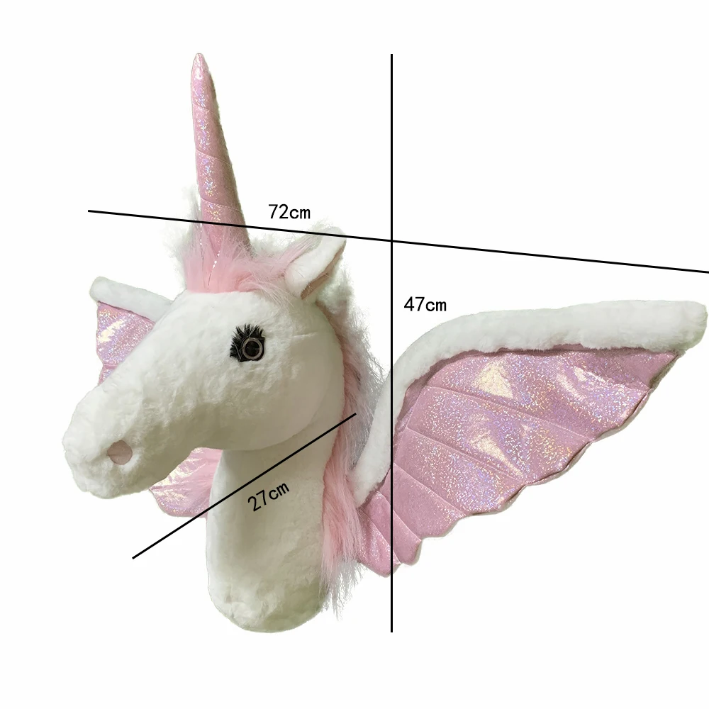Animal relleno de ensueño para decoración de pared, cabeza de corazón para niña, unicornio volador rosa, juguete de peluche colgante para habitación de guardería