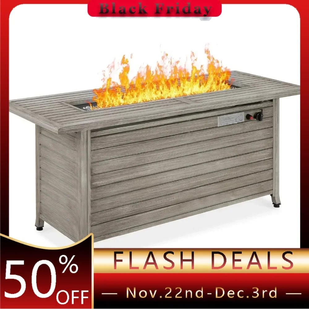 Propane gas fire pit table, outdoor rectangular fire pit with extruded aluminum countertop, burner cover, locker, cover