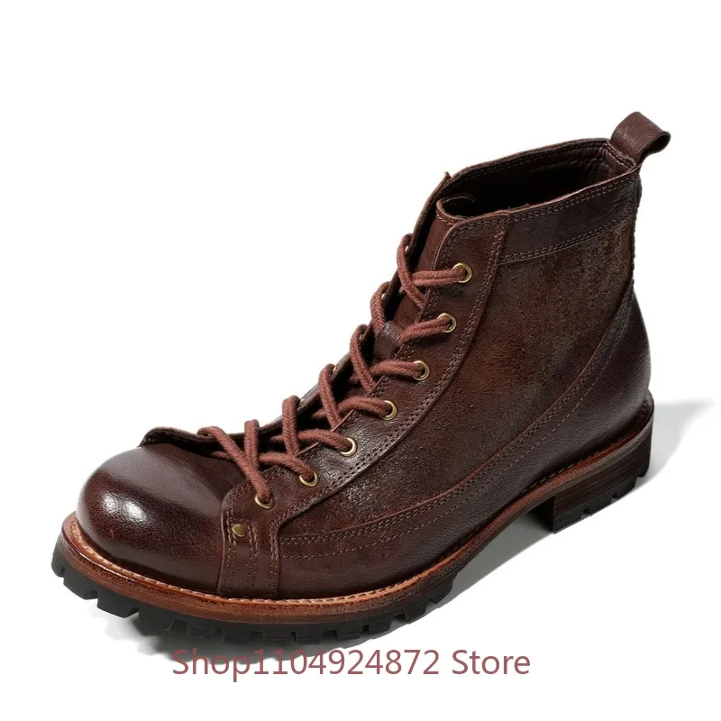 American Retro Work Genuine Leather Boots Men's High Top Paratrooper Motorcycle Knight Ankle Boots Male Youth Hiking Outdoor