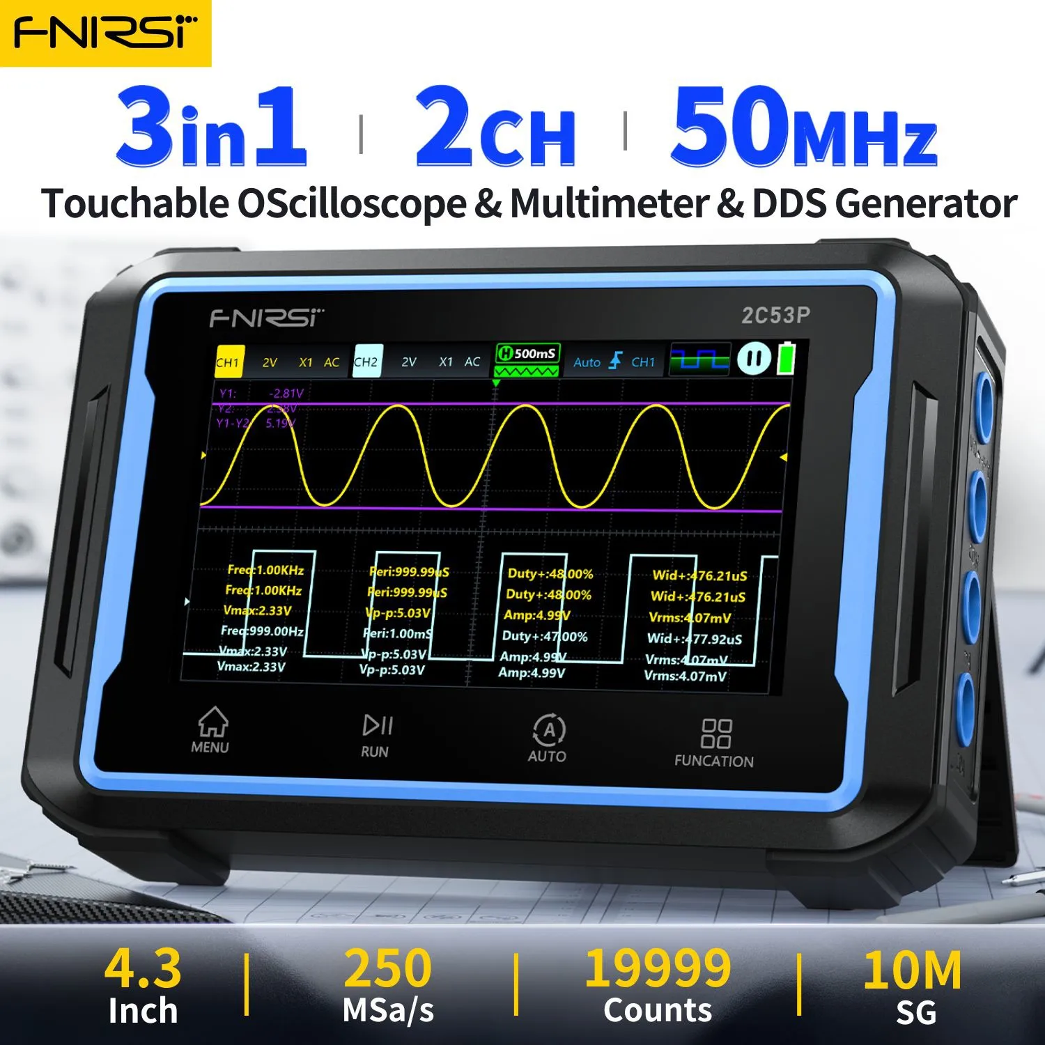 fnirsi osciloscopio manipulado digital multimetro gerador de sinal em touch screen portatil canais 50mhz 250 msa s 2c53p 01