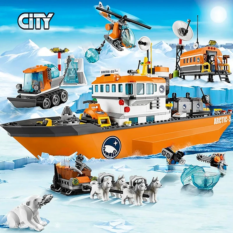 City Series Arctic lcebreaker Boat Building Blocks Snowmobile Motorcycle Airplane Ship Bricks Toys For Boys Birthday Gifts