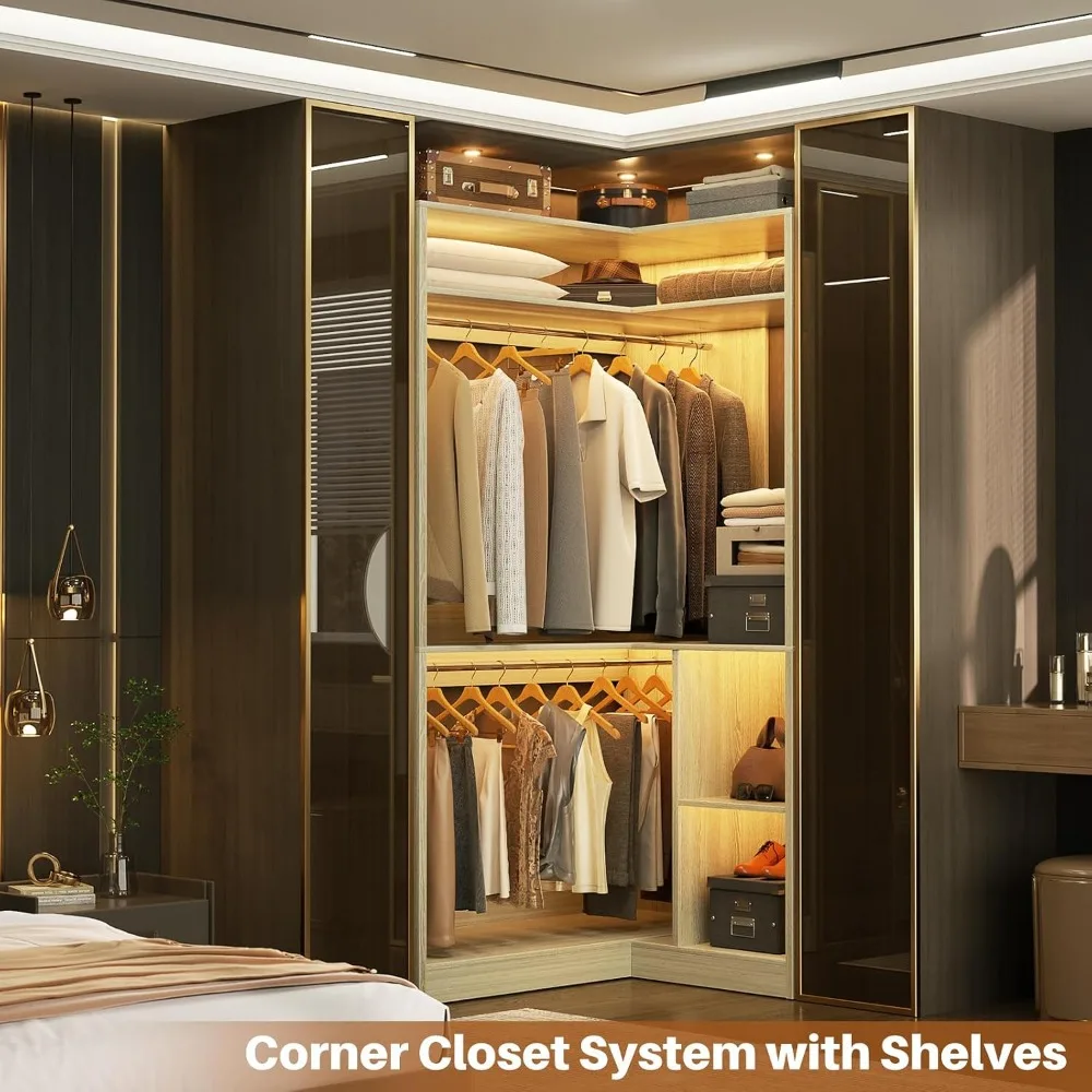 L Shaped Corner Closet System with Shelves, White Oak Walk-in Closet Organizer