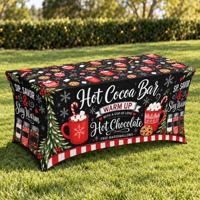 Christmas Winter Hot Cocoa Bar Stretch Tablecloth Rectangular Spandex Fitted Table Cover Holiday Party Banquet Event Decorations