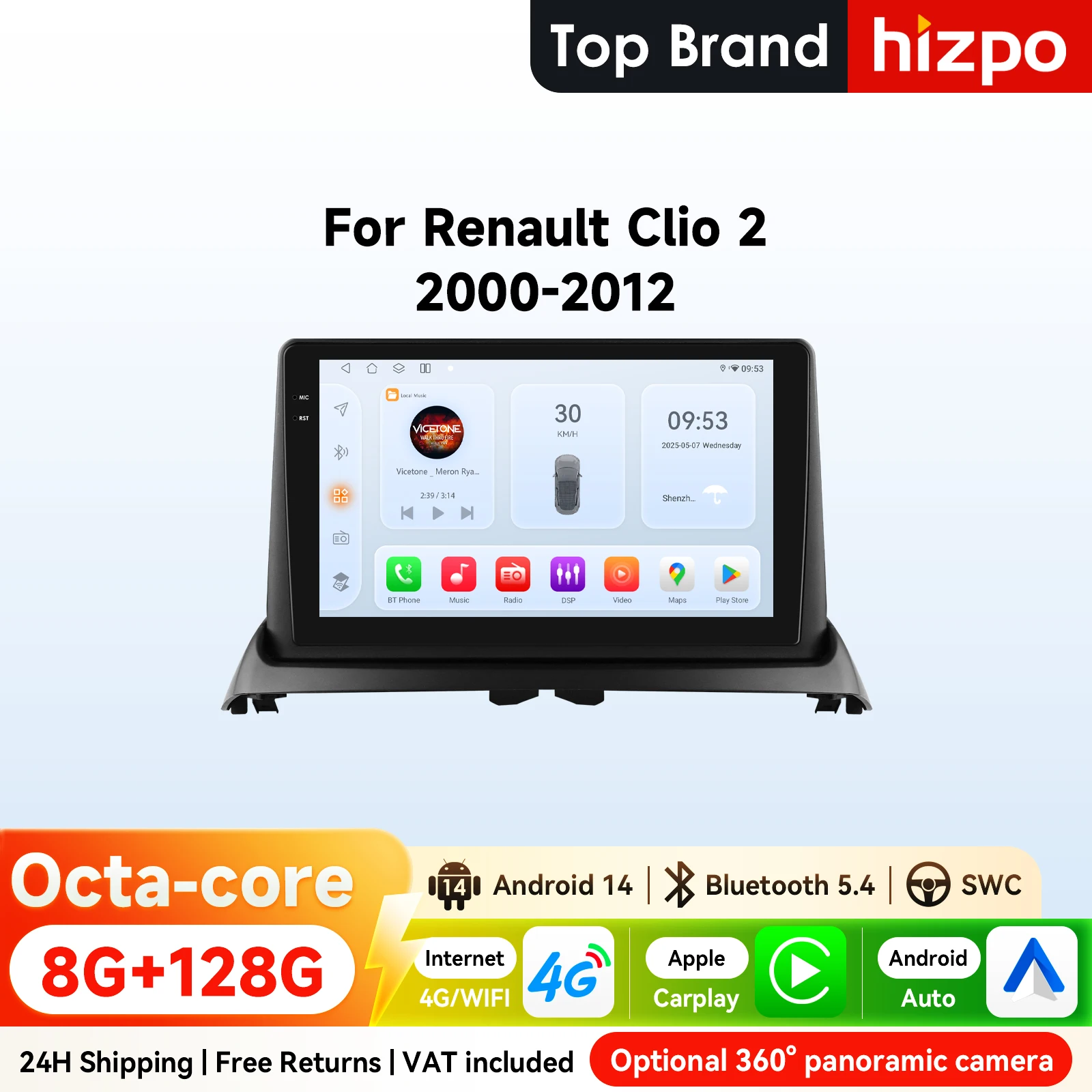 9 " Hizpo 2Din CarPlay Android Auto autoradio pour Renault Clio 2 2000 - 2012 Snapdragon 6115 GPS Navi RDS DSP 4G BT SWC 360CAM