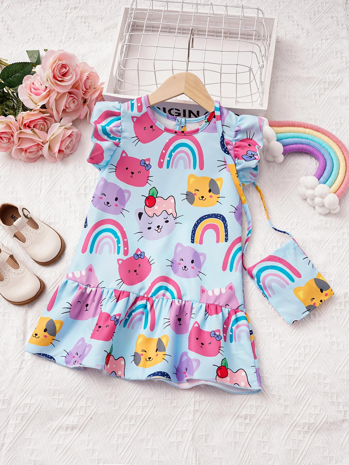 Summer Girls' Dress Round Neck Flying Sleeve Cartoon Print Dress Girls' New Cute T-shirt Dress Daily Casual Dress 4-7Y