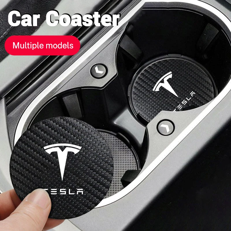 

2Pcs Car Logo Carbon Leather Water Cup Pad Anti-noise Coaster Mat For Tesla Model 3 Model S X Y Roadster SpaceX Auto Accessories