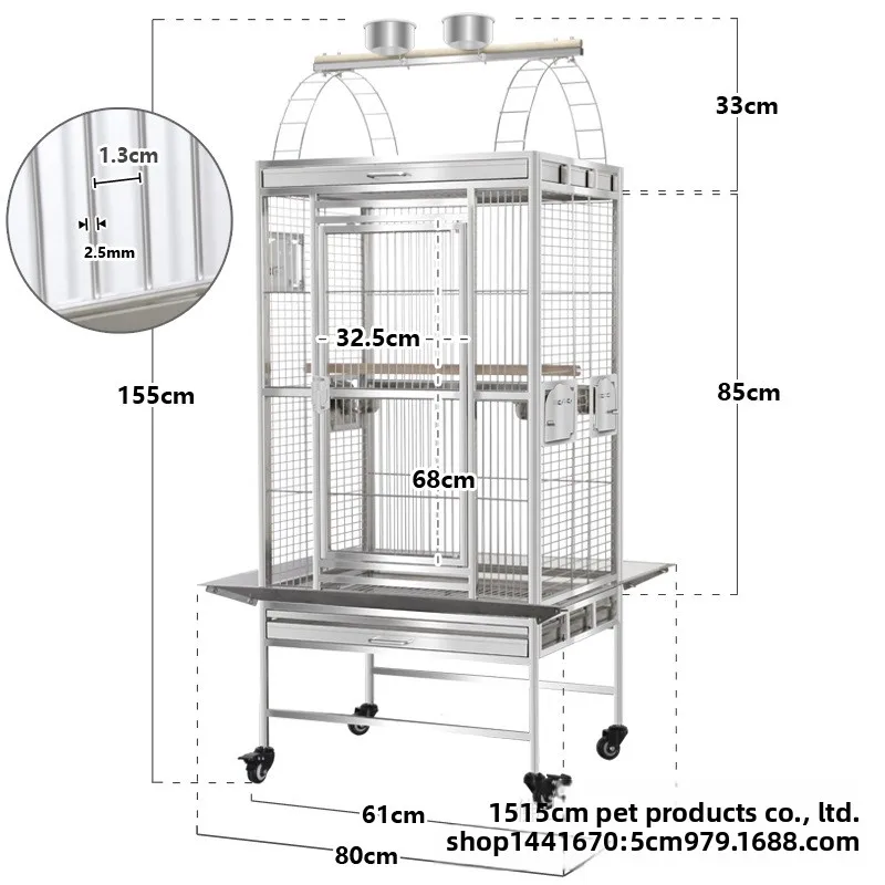Oversize 304 Stainless Steel Solid Bird Cage Large Bird Kennel/Crate Plastic Tray Button Closure Parrot Breeding Eco-friendly