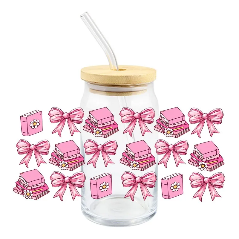 Books 3D UV DTF Sticker Durable Waterproof Bowknot Drink Transfer Sticker HIgh Quality 16 OZ Libbey Glass Wraps Cup Decals