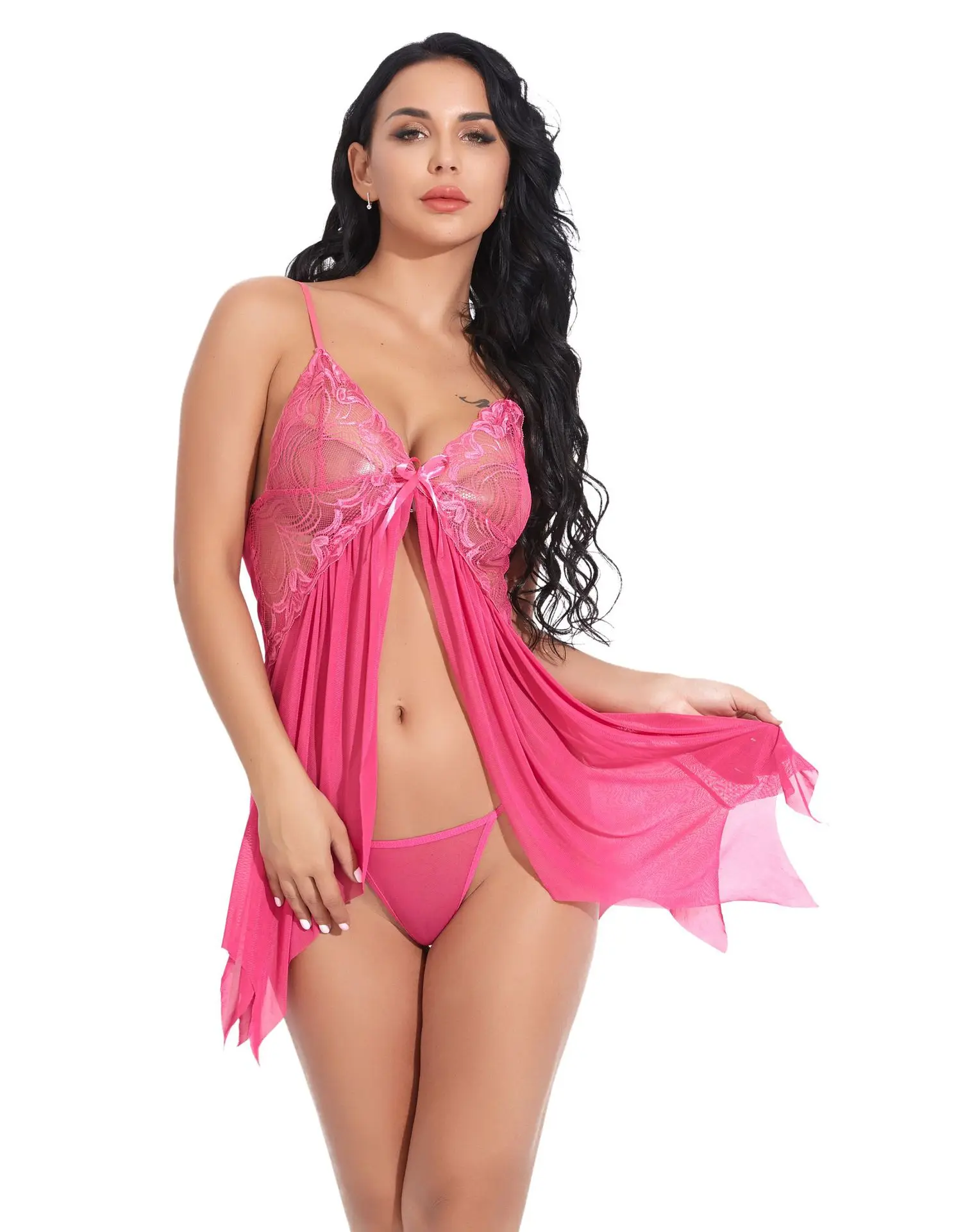 فستان نوم نسائي من الدانتيل، فستان شبكي شفاف بفتحة عالية الخصر مع طقم منزلي رفيع، ملابس نسائية مثيرة