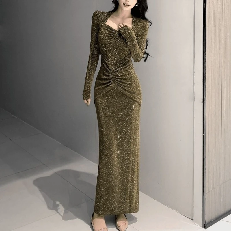 

Spring Fall 2025 New Women Elegant Slim Square Collar Green Gold Glitters Long Dress , Woman Fashion Shirring Sequined Dresses