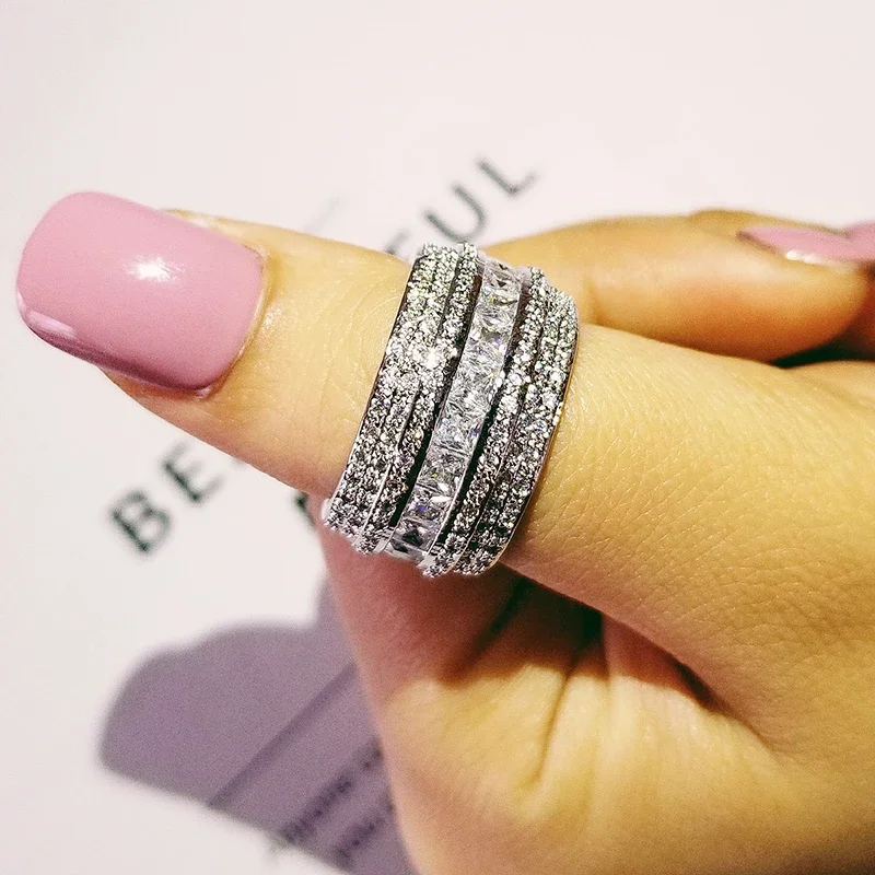 

Luxury Wheel Wedding Band Eternity Rings For Women Engagement Bridal Big Finger 925 Sterling Silver Jewelry Wholesale