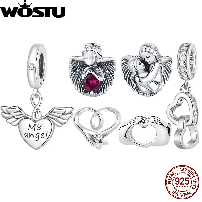 WOSTU 925 Sterling Silver Hug Wings Beads Hollow Heart Promise Pinky Charm Family Love Fit Original Bracelet for DIY Growth Gift