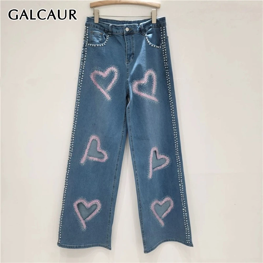 

GALCAUR Blue Spliced Hollow Out Diamond Jeans Female High Waist Loose American Retro Women's Wide Leg Pants Summer New Fashion