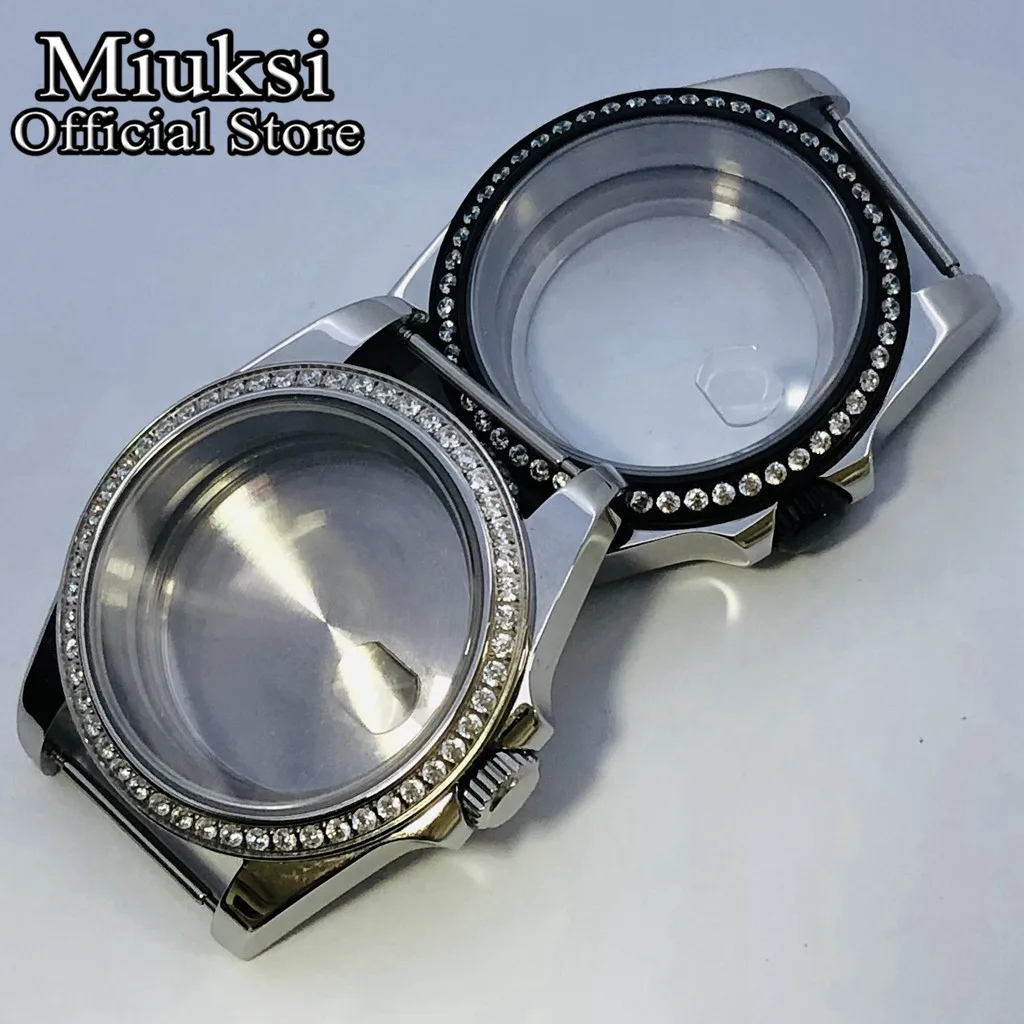 Miuksi 36mm/40mm silver gold black watch case sapphire glass gemstone bezel fit NH35 NH36 NH34 ETA2824 PT5000 movement