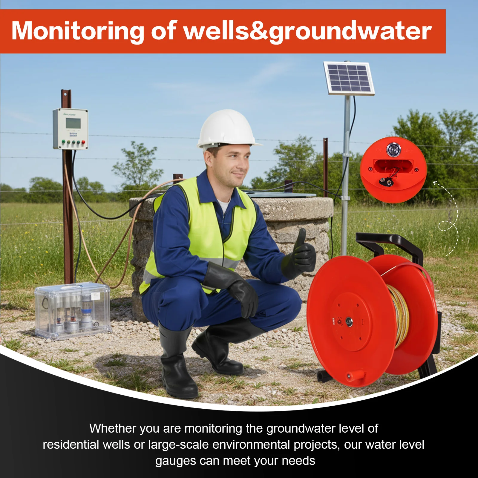 

164ft/50m Wells Depth Meter with Fixed Probe and Steel Tape Well Water Level Indicator for Wells Boreholes Reservoirs and Pipes