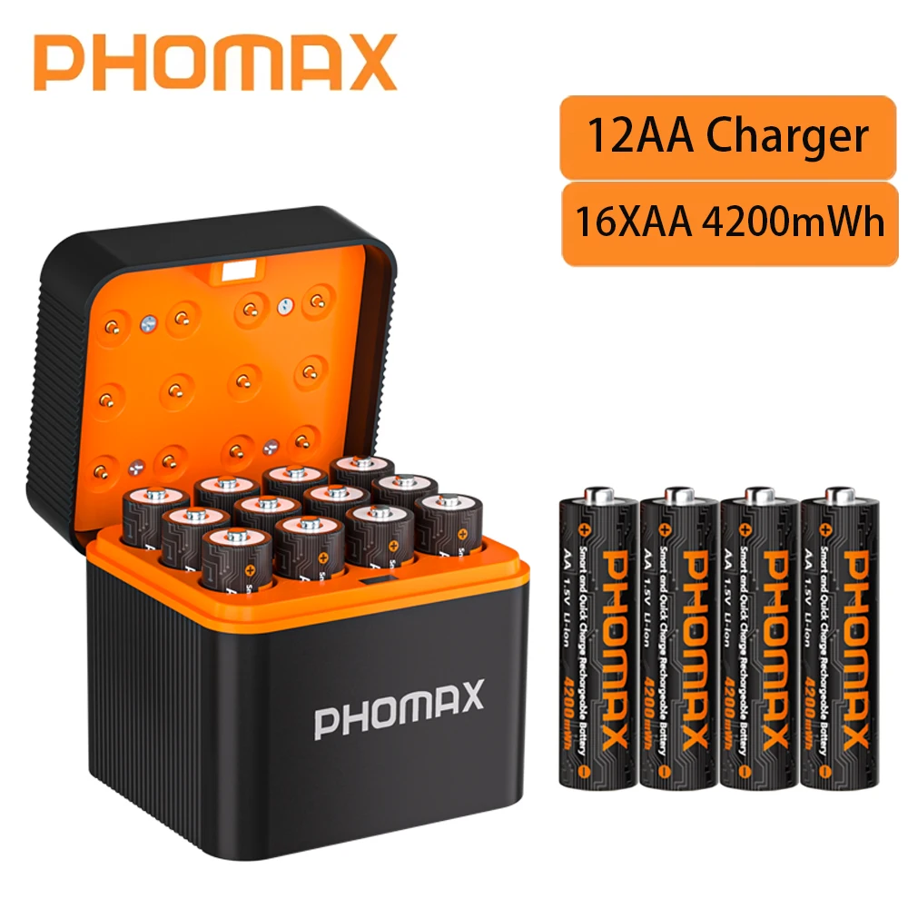 PHOMAX 2-32PC Oplaadbare lithiumbatterij 12-slots slimme snellader 1,5 V AA 4200 mWh batterijen voor koplamp speelgoedauto multimeter