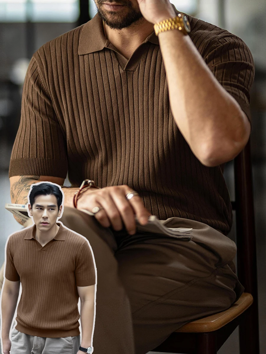 Lightweight Short Sleeve Knitted  Shirt Summer Thin Style Old Money Stripe Pattern Ocean Collar T-Shirt for Young Men