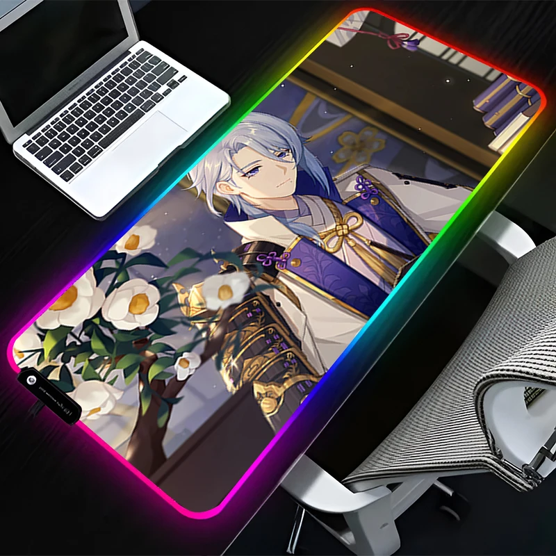 RGB LEDマウスパッド PCアクセサリー マウスパッド HD拡張パッド ゴム製キーボードパッド 滑り止め G-原神 カミサトアヤト デスクマット