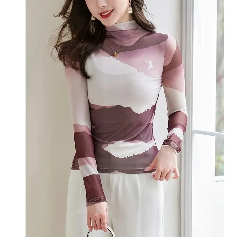 Printed Mesh Bottoming Long-sleeved Spring and Autumn T-shirt Slim-fitting Sunscreen Slimming Top for Women