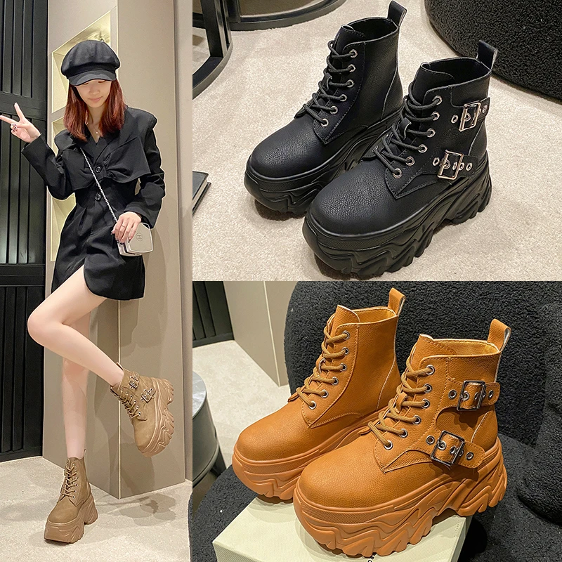 Women High Platform Punk Boots Winter 2023 British Style Thick-soled Ankle Shoes Metal Chain Short Boots New Chunky Sneakers 9CM