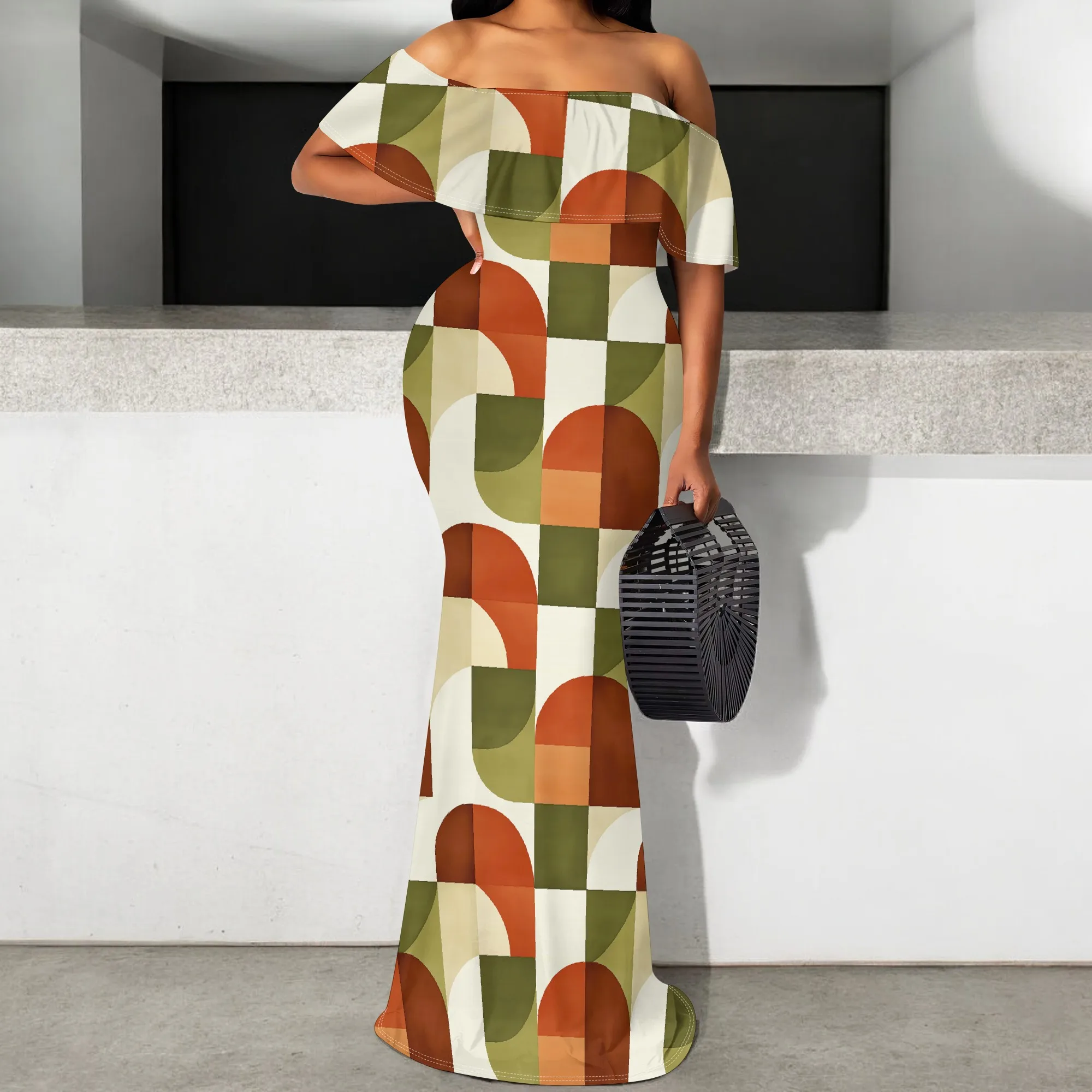 

Retro Geometric Print Maxi Dress S-3XL – 70s Inspired Off Shoulder Long Dress for Women