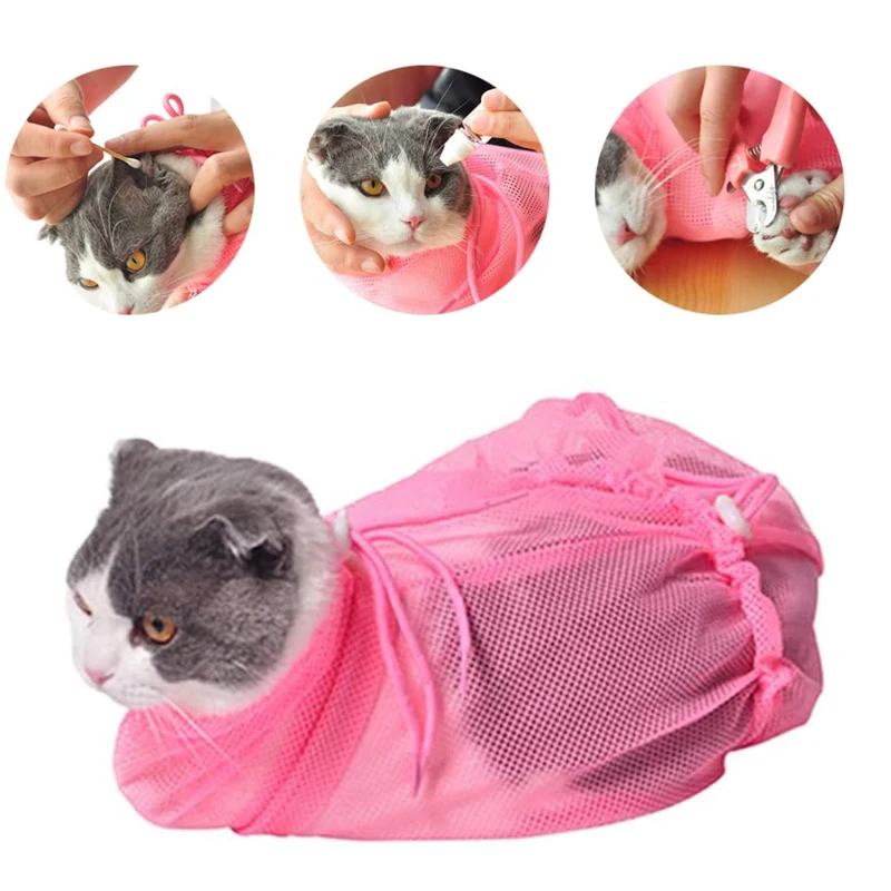 Mesh Cat Grooming borsa da bagno gatti regolabili sacchetti di lavaggio per rifilatura di unghie per animali domestici iniezione di ritenuta per