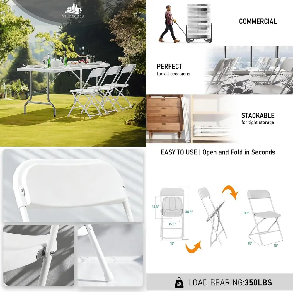 10-Piece White Stackable Plastic Chairs with Steel Frame, Suitable for Indoor/Outdoor Use, 350lb Capacity, Ideal for Various Occ