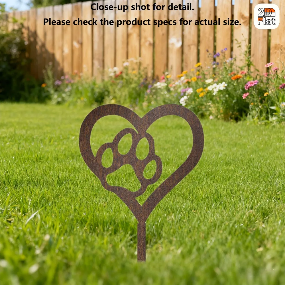 CIFBUY 2D Flat Iron Wall Decor, Rustic Paw Print Heart Design & Outdoor Lawn/Garden Stake Sculpture, Pet Lover Gift