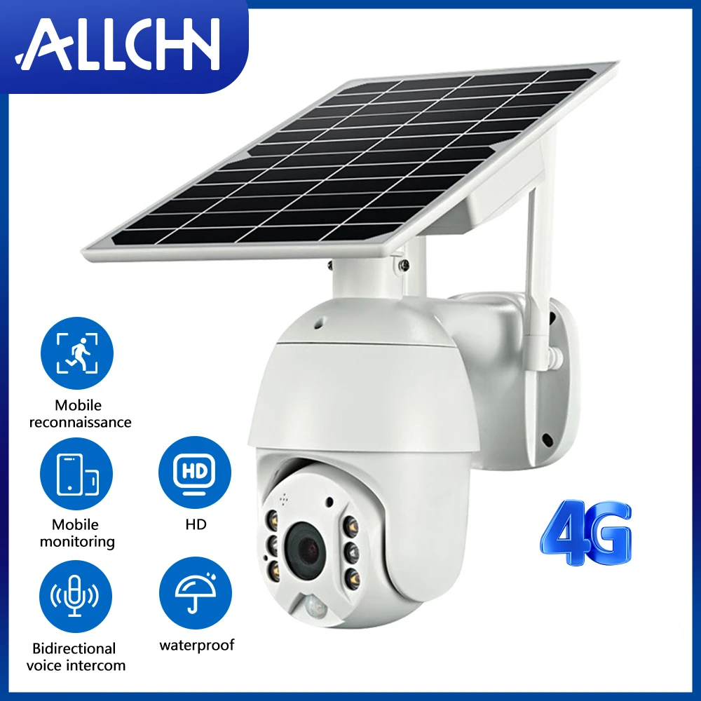 ALLCHN 4G Solar Pan Tilt Metal Case 8W Solar Panel Outdoor Waterproof Color Night Vision PIR Alarm Two-Way Audio Solar Camera