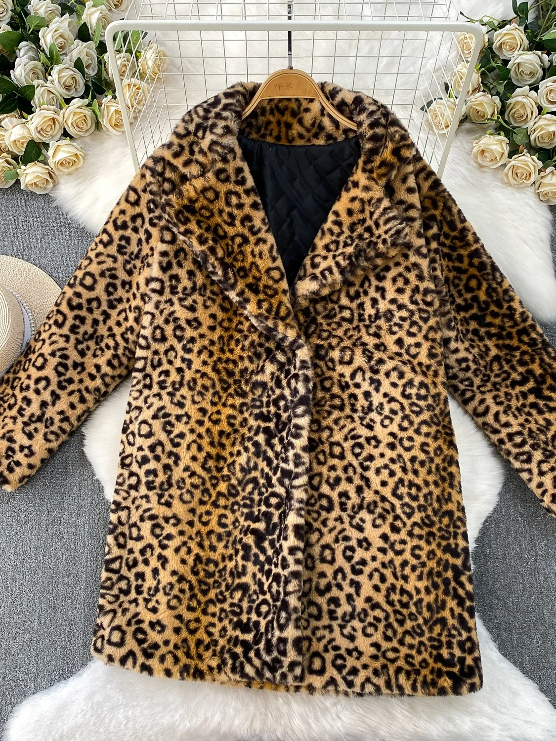 Ele Thiened معطف فرو منك طويل بطبعة الفهد للنساء شتوي Jaet ملابس خارجية أصلية فضفاضة
