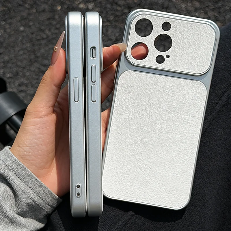 Shockproof Leather Phone Case for iPhone Air 17 16 15 14 13 12 Pro Max Electroplated Frame Large Camera Window Protective Cover