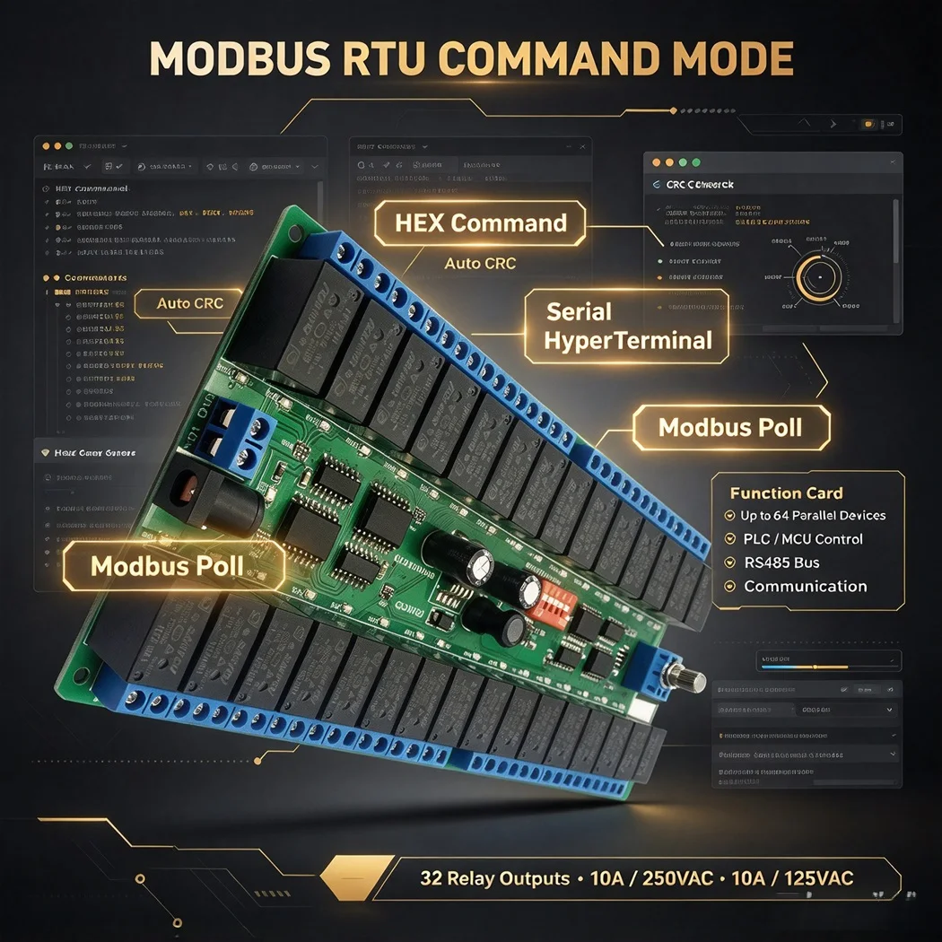 Modbus RTU 32 Channel Relay Module DC12V 10A 250VAC Serial Control Self-locking Interlock Delay Relay Board