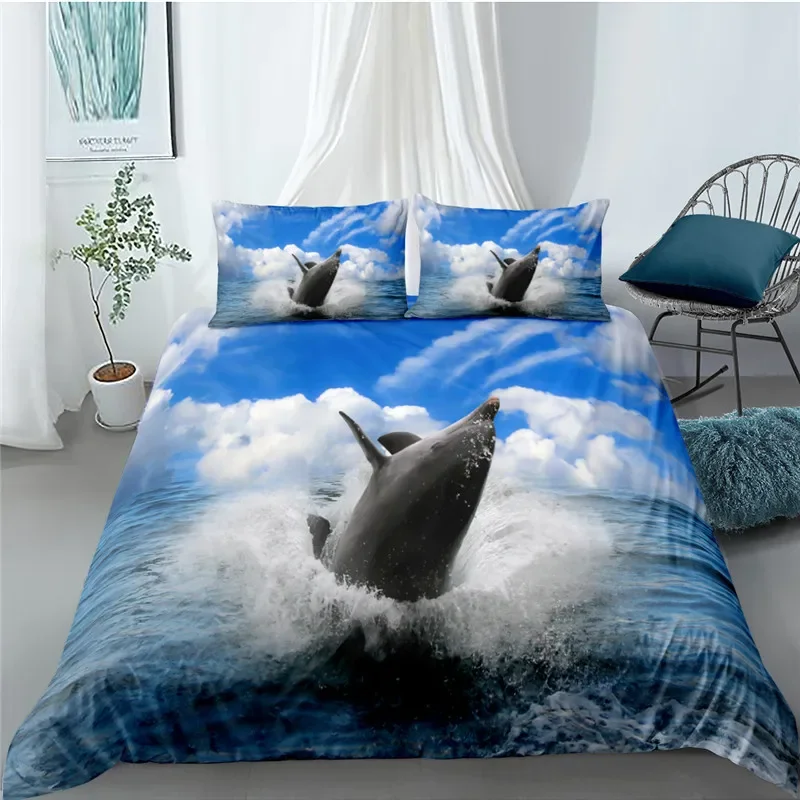 Dolphin Duvet Cover King/Queen Size Cute Baby Dolphin Print Bedding Set for Kids Adults Blue Ocean Animal Polyester Quilt Cover