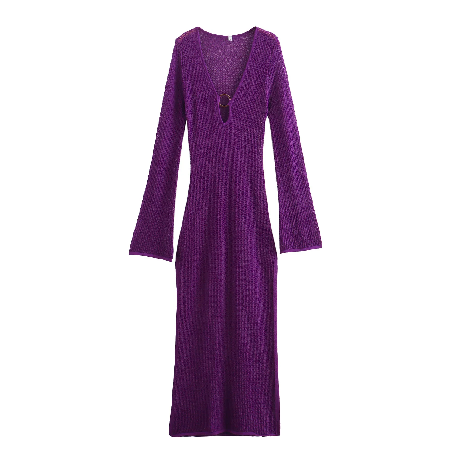 Maxdutti 2024 Hollow Out Sexy Fashion Midi Dress Women Autumn French Blogger Metal Ring Buckle Purple Knitted Dress