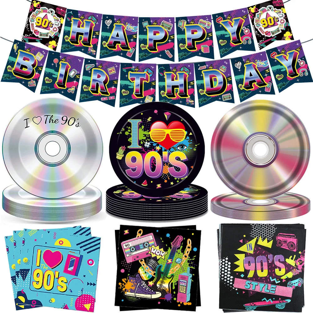 Assiettes et serviettes en papier pour fête des années 90, fournitures de fête à thème rétro des années 90, bannière joyeux anniversaire, décors de fête du retour des années 1990
