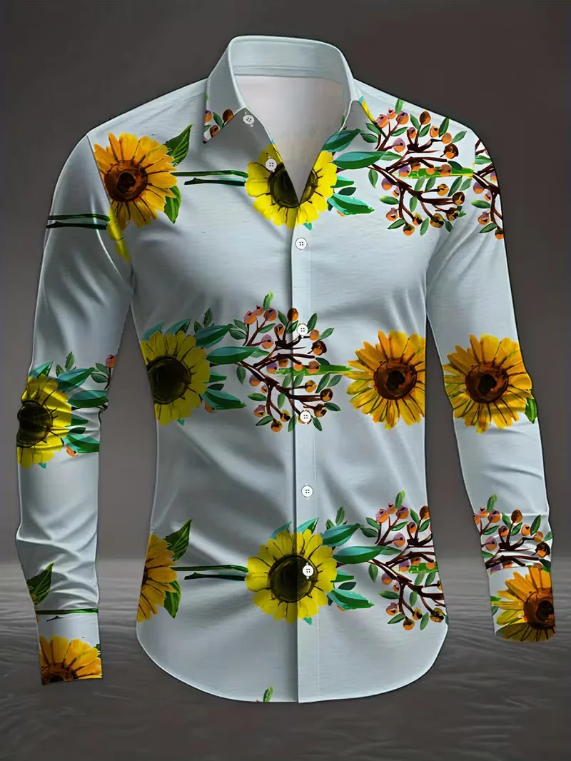 New Fashionable Men's Shirt with 3D Flower Printed Collar Button Top Long Sleeve Shirt Style Comfortable Shirt