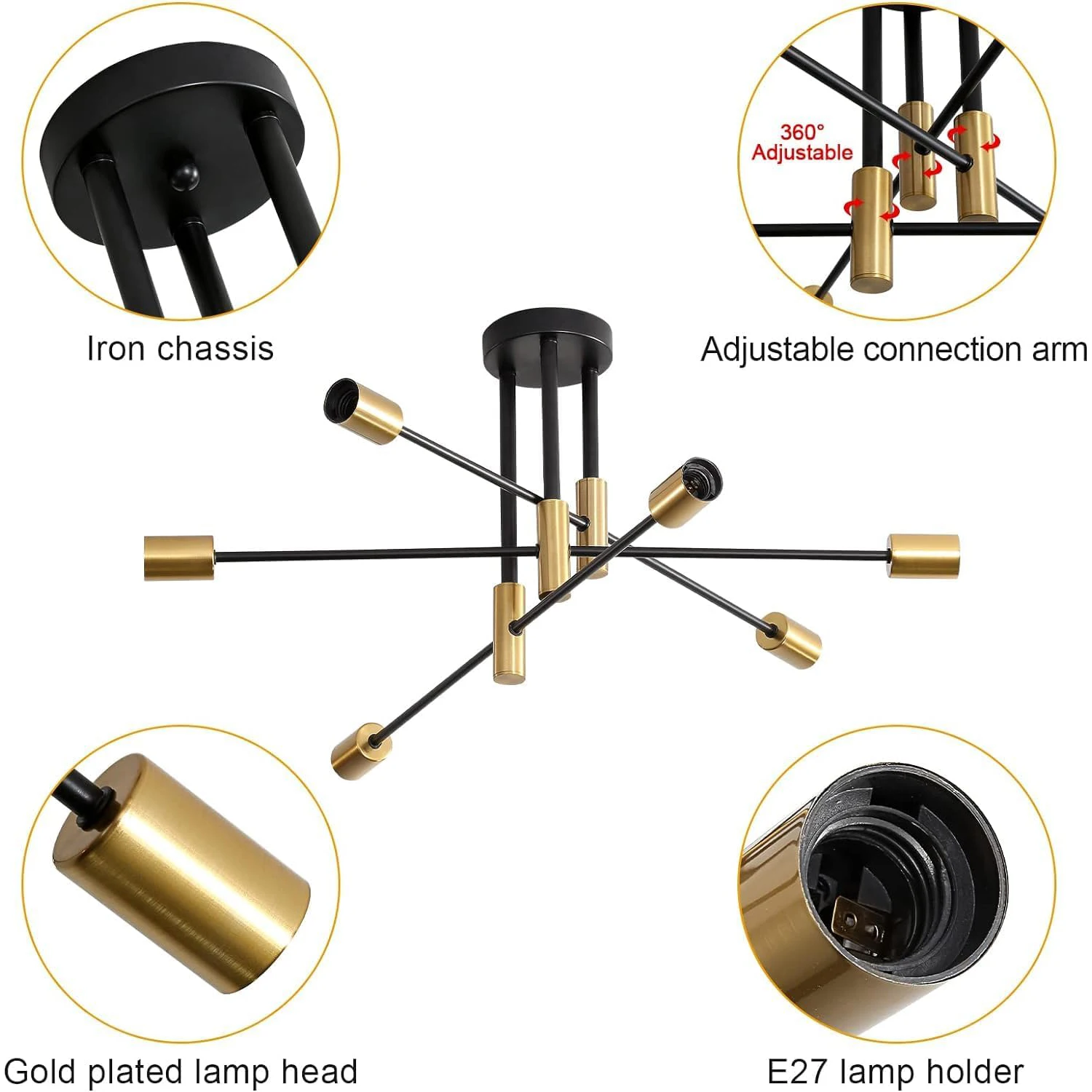 مصابيح السقف خمر، ضوء السقف E27 لمبة من 6 أضواء، الثريا الصناعية الحديثة لغرفة المعيشة (اللمبة غير المدرجة) #5