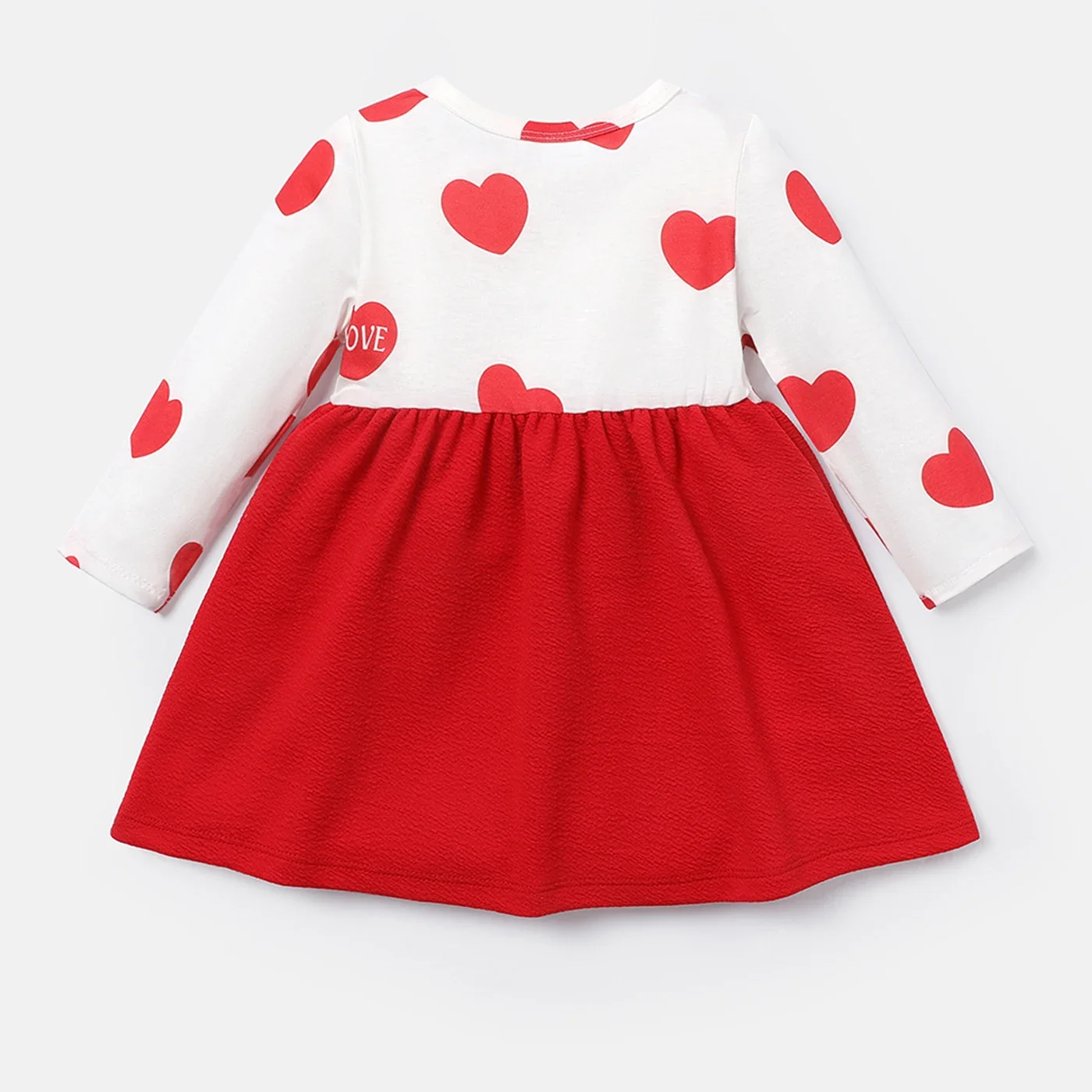 PatPat Baby Girl Bow Front Solid & Heart-print Naia™ Spliced Long-sleeve Dress Perfect for Outings and Daily Wear