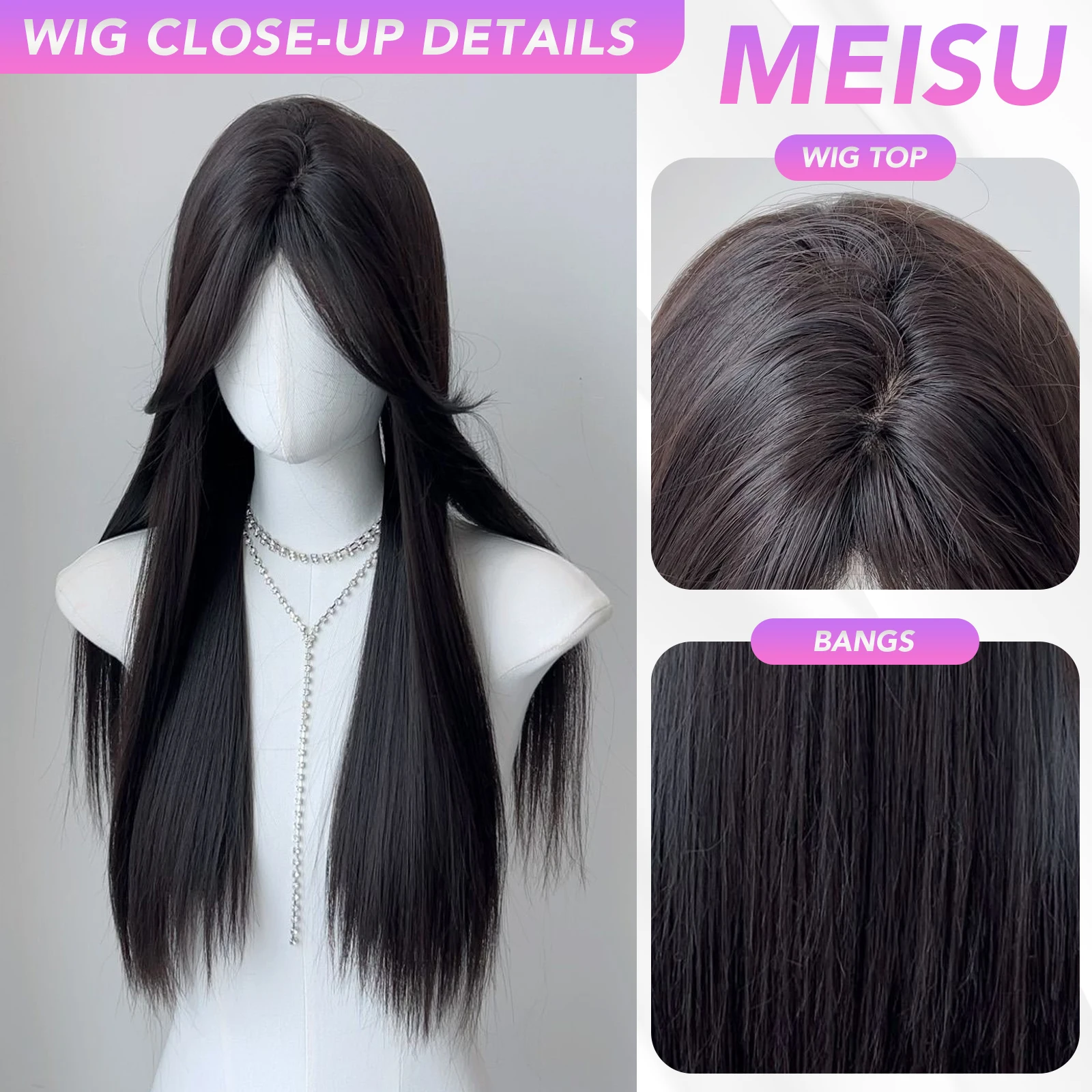 MEISU 26 بوصة طويلة مستقيمة منفصلة الانفجارات شعر مستعار أسود الاصطناعية الطبقات الألياف مقاومة للحرارة شعر طبيعي ناعم حفلة للنساء #4