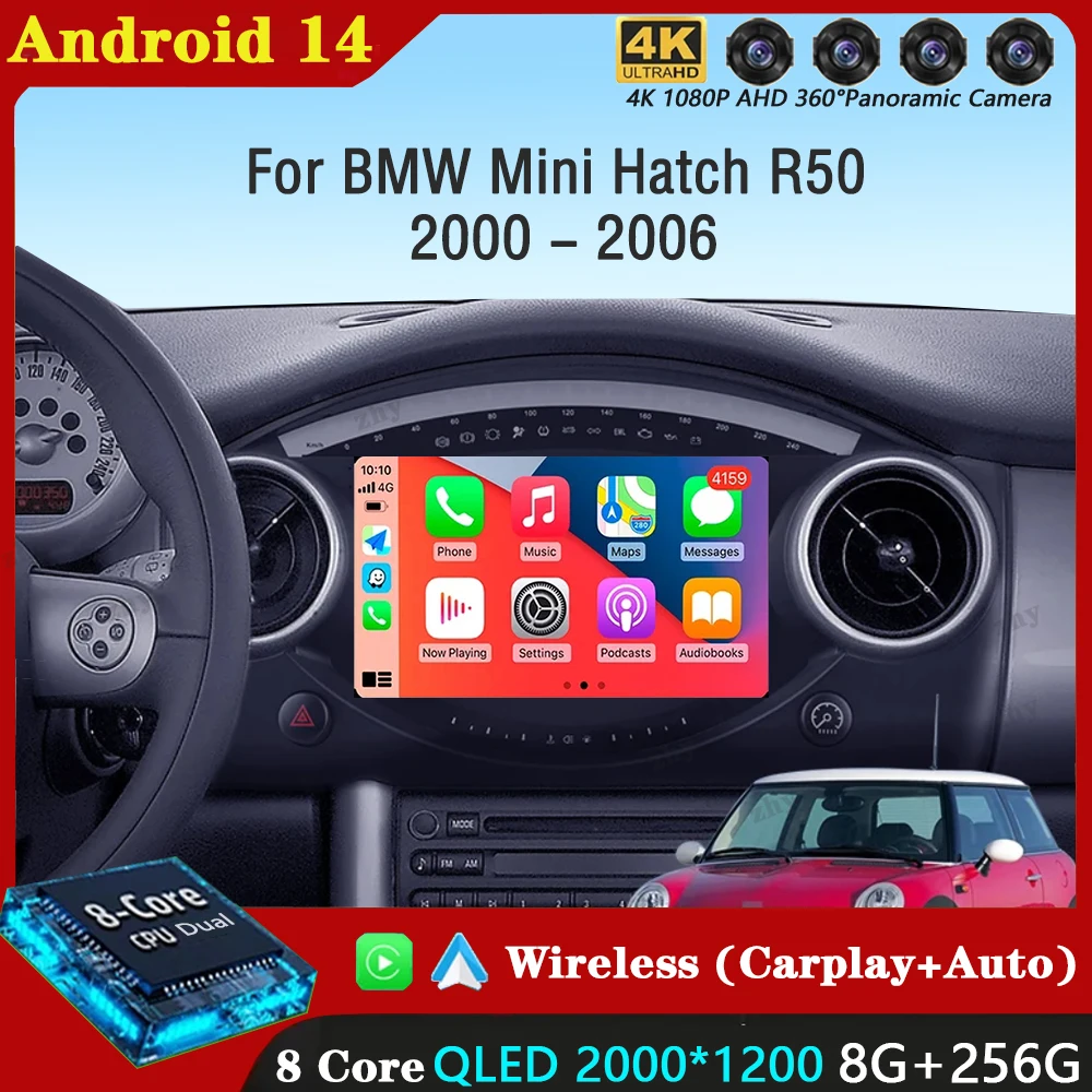 Android 14 Carplay Auto For BMW Mini Hatch R50 2000 - 2006 Car Radio Multimedia Video Player Navigation GPS  No 2Din 2 Din DVD