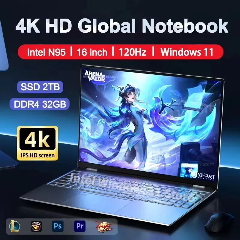 

НОВЫЙ 16-дюймовый ноутбук Intel N95 4K HD 120 Гц Дисплей 32 ГБ + 2 ТБ Windows 11 Pro Офисный игровой ноутбук Разблокировка отпечатков пальцев ПК