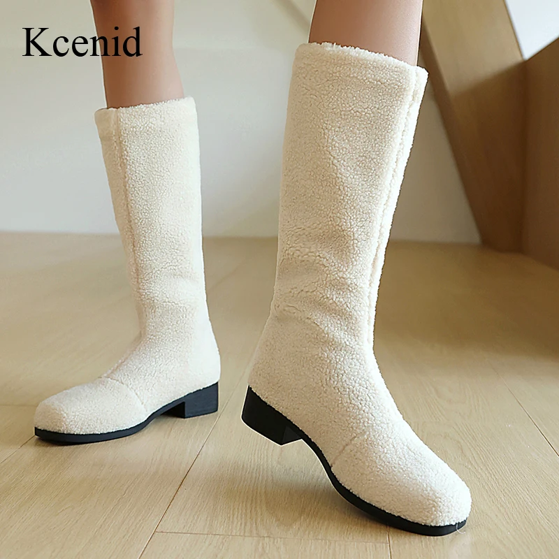 

Kcenid Leisure Big Size 35-44 Concise Slip On Winter Warm Boots Women Fashion Square Toe Chunky Heels Daily Soft Knee High Boots