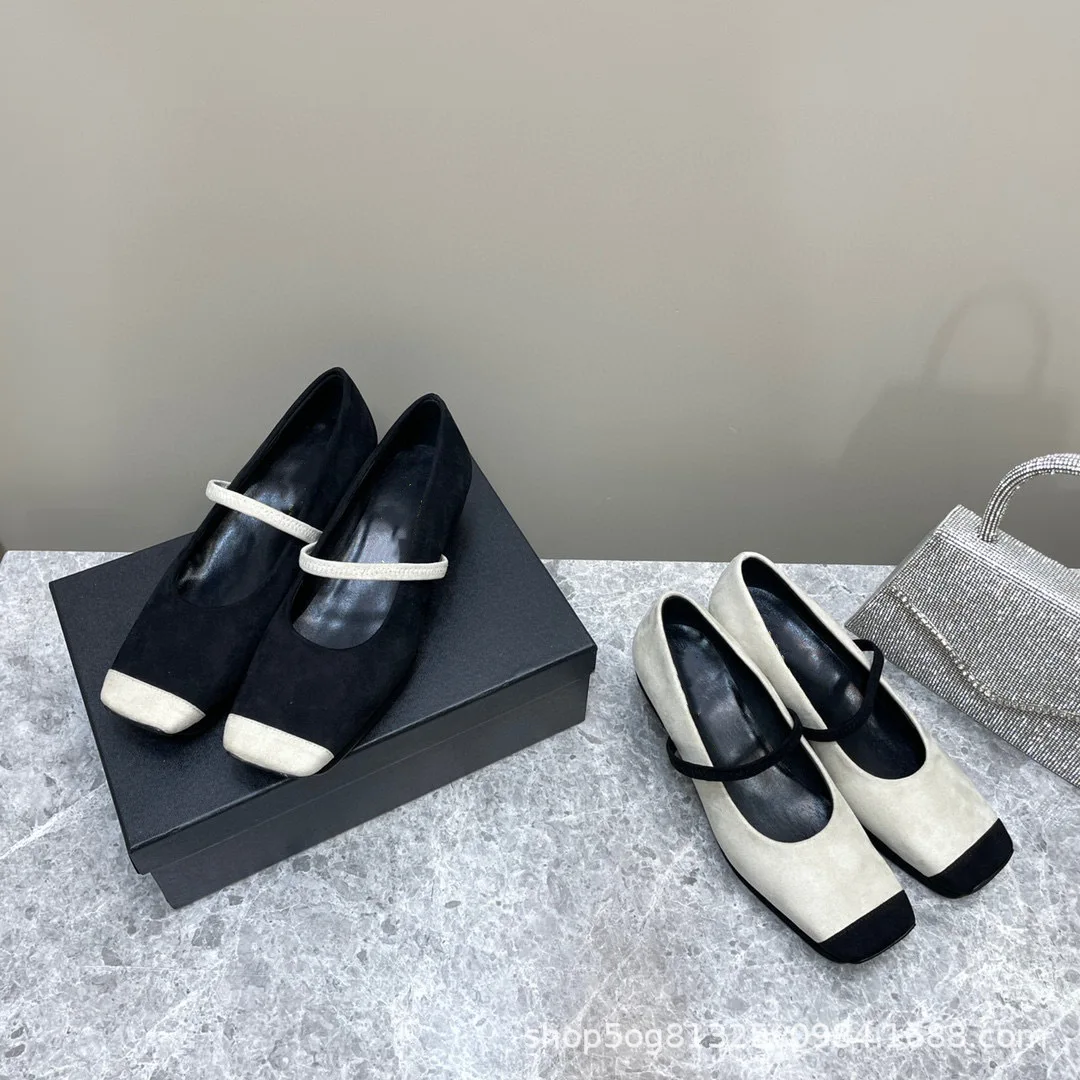 

New Small Fragrant Wind Contrast Square Headed Mary Jane Shoes Women's One Line with Shallow Wedge Heels Suede Single Shoes