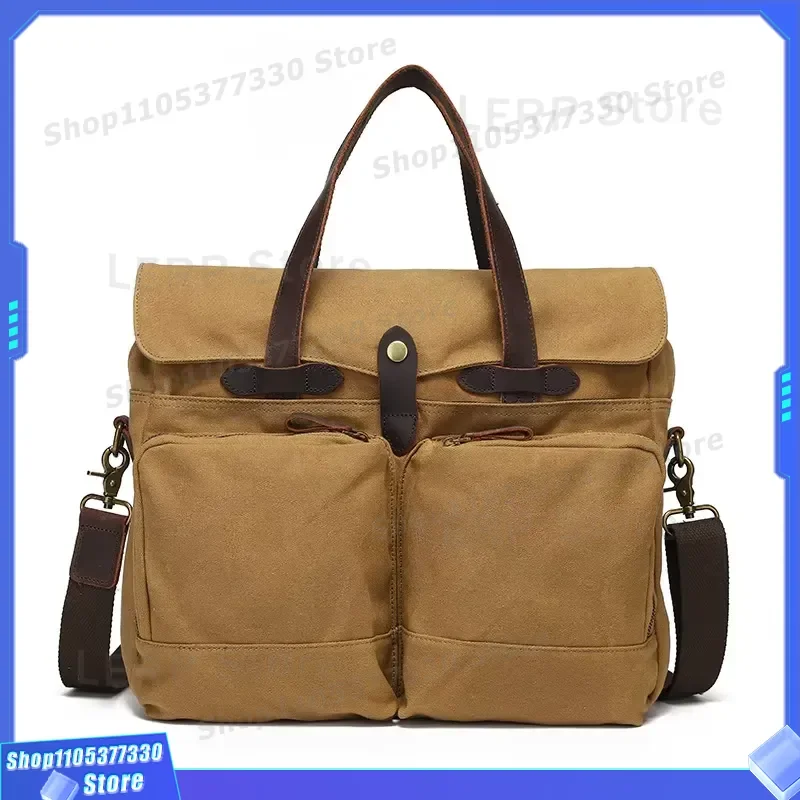 Men Vintage Waxy Canvas Messenger Bag Cowhide Trim Diagonal Crossbody Notebook Briefcase for Outdoor Travel Business Daily