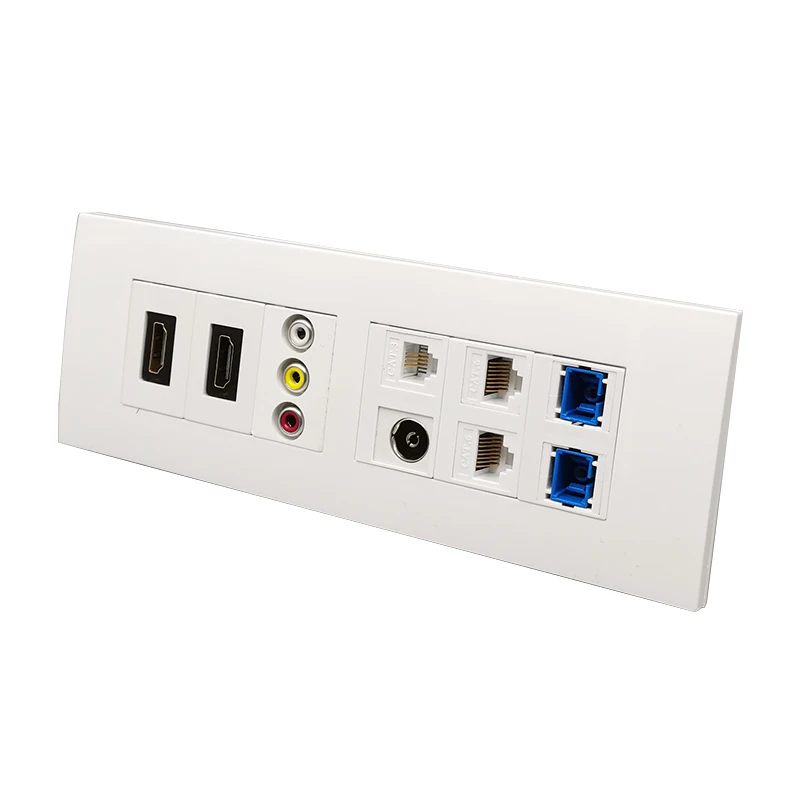 Wall Panel 2xHDMI RCA Audio Video Plug RJ11 Phone Analog ATV Dual CAT6 RJ45 LAN SC-SC UPC Optical Fiber Socket White Faceplate