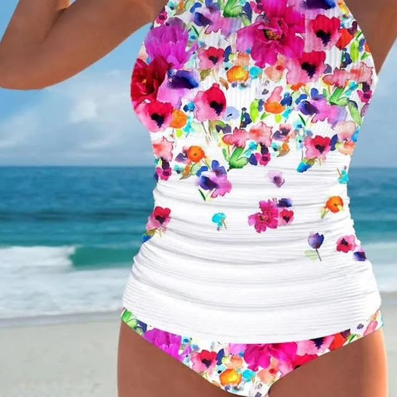 2025 Floral Printed Bikini Set Tummy Control High Waist Bottom & Triangle Vest Top Women's Sexy Swimwear for Beach & Pool Shirts