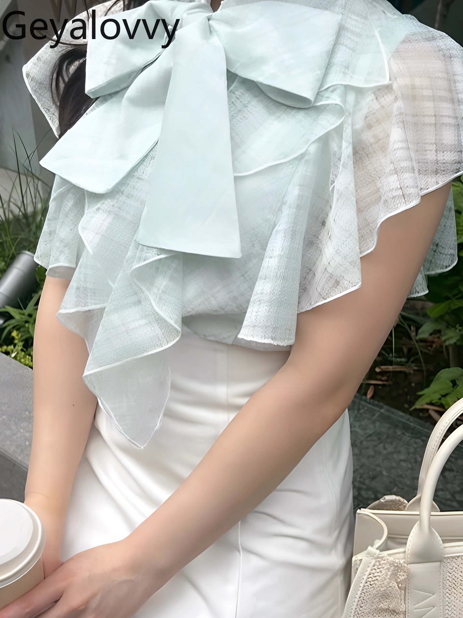 2025 nuevo estilo japonés blusas de Color sólido a cuadros borde con volantes con cordones cárdigan con lazo Top para mujer camisa blanca versátil para ir al trabajo