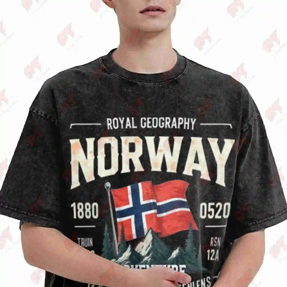 Norwegian Geography Vintage Travel Poster Flag Coordinates Norway Adventure Vintage Washed Tee Pure Cotton T-Shirt