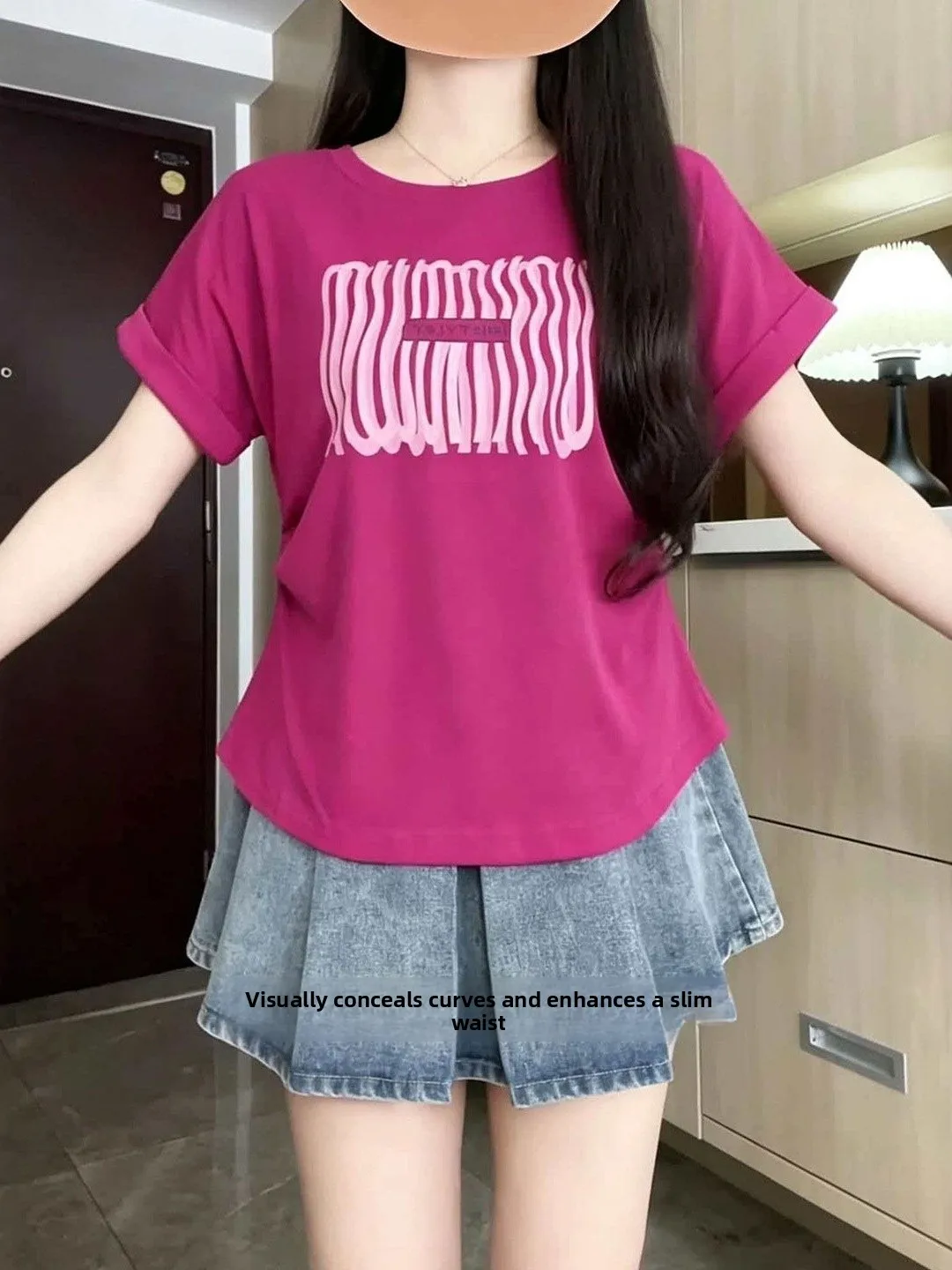 plus Size Women's Cotton T-Shirt Short Sleeve Gathered Waist Design Summer Slimming Top Korean Style Commute Fashion