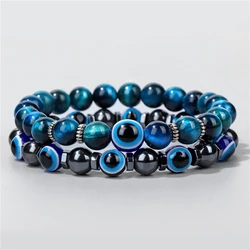 Lucky Evil Eye Beads Bracelet Natural Stone Lava Hematite Bracelet Set Multilayer Bracelets Women Men Handmade Elastic Jewelry